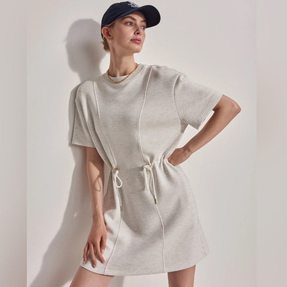 Varley Double Soft Maple Cinch Waist Short Sleeve‎ Athleisure Dress Ivory Marl M